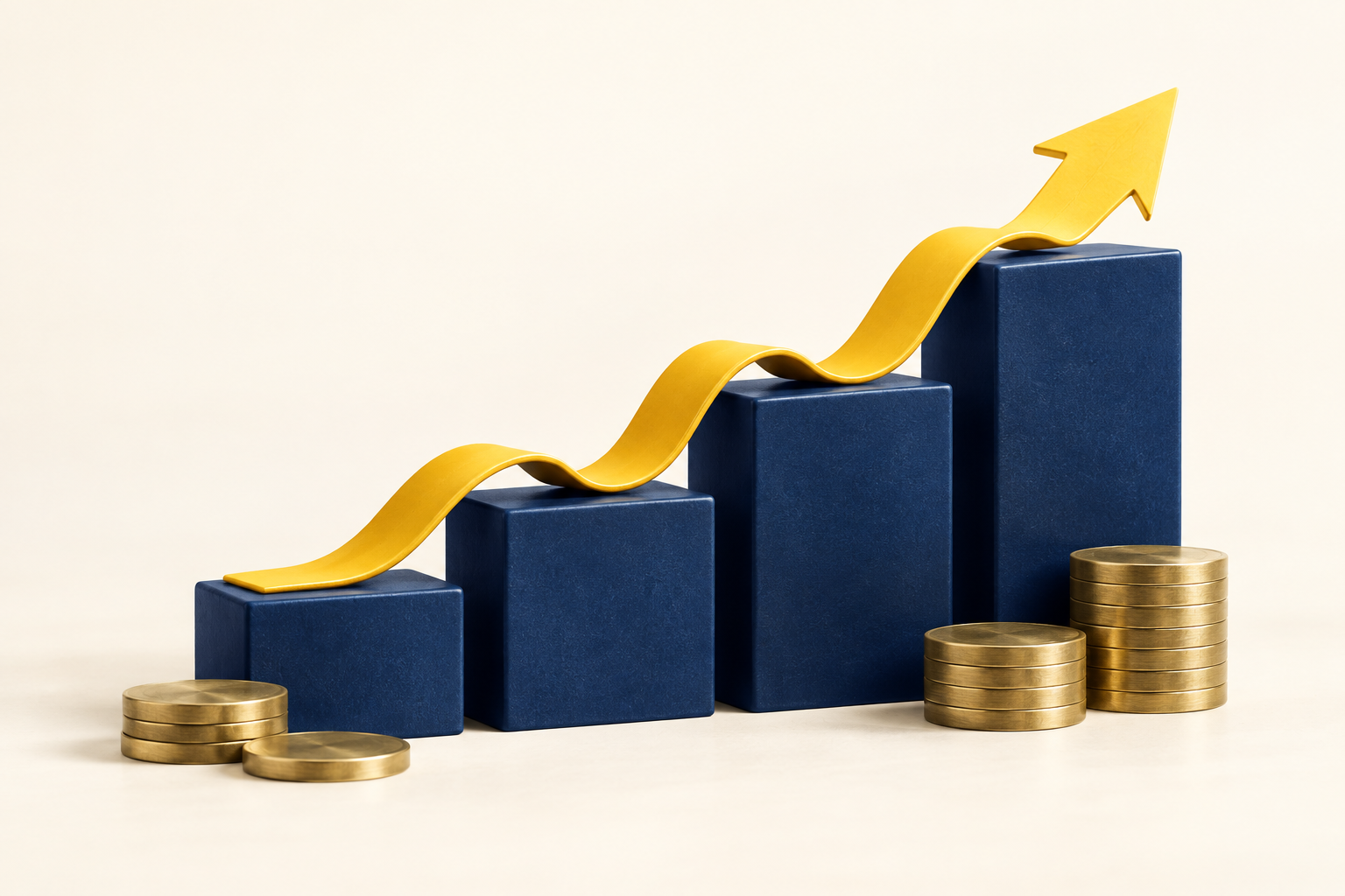 Ilustração de investimento com etapas azuis e uma seta amarela ascendente.